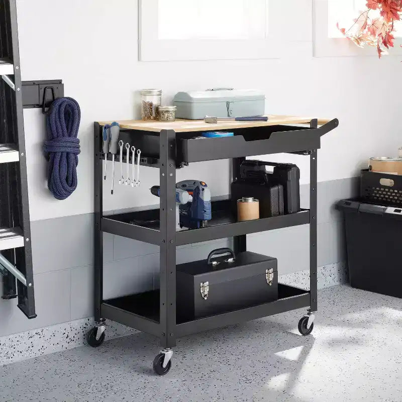 Carrello di Servizio a 3 Ripiani in Metallo con 2 Ripiani e 1 Cassetto, 88 cm L x 86 cm H, 20 kg per Ripiano