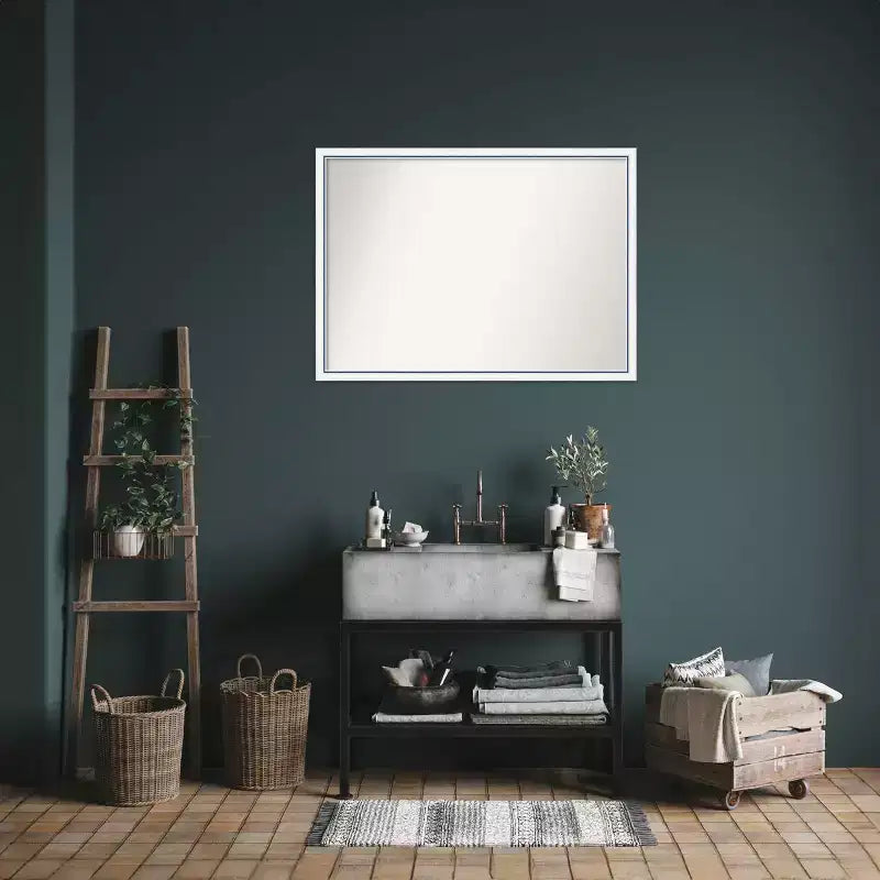 Specchio da parete per bagno, con cornice in legno non smussata, 40" x 29", bianco/blu, con accessori di montaggio