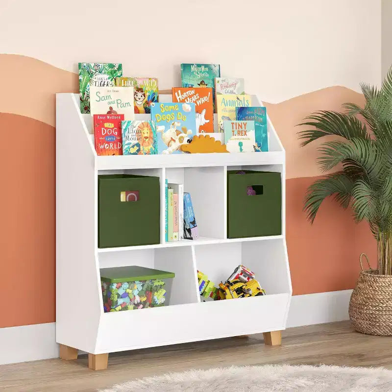 Organizzatore di giocattoli CatchAll per bambini da 89 cm con contenitori e libreria, in MDF bianco, 3+ anni