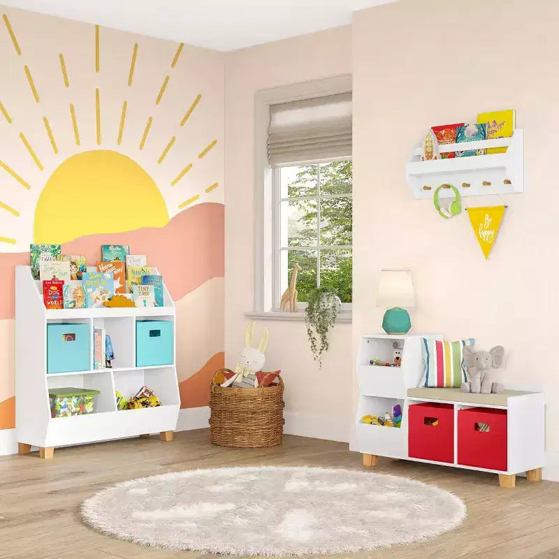 Organizzatore di giocattoli CatchAll per bambini da 89 cm con contenitori e libreria, in MDF bianco, 3+ anni