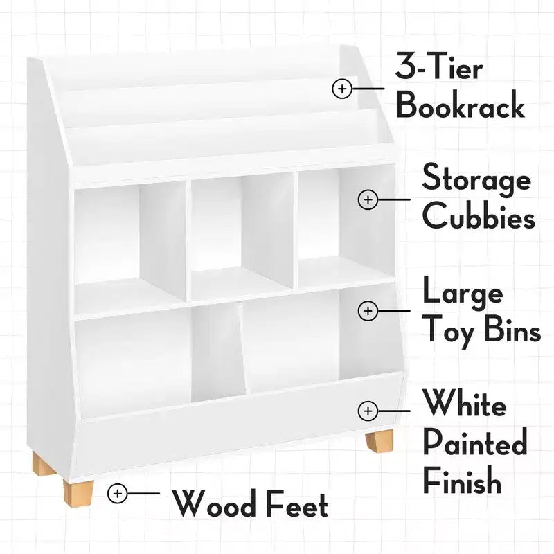 Organizzatore di giocattoli CatchAll per bambini da 89 cm con contenitori e libreria, in MDF bianco, 3+ anni
