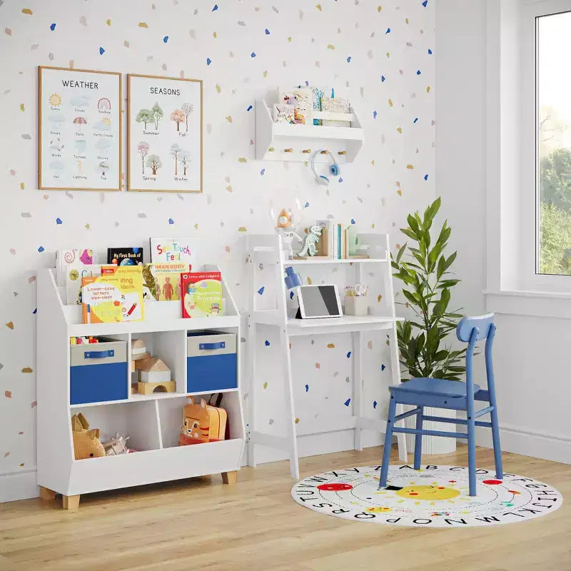 Organizzatore di giocattoli CatchAll per bambini da 89 cm con contenitori e libreria, in MDF bianco, 3+ anni