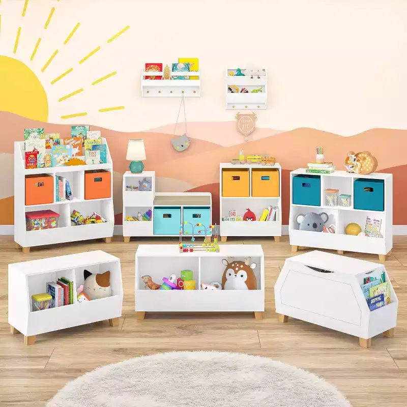 Organizzatore di giocattoli CatchAll per bambini da 89 cm con contenitori e libreria, in MDF bianco, 3+ anni