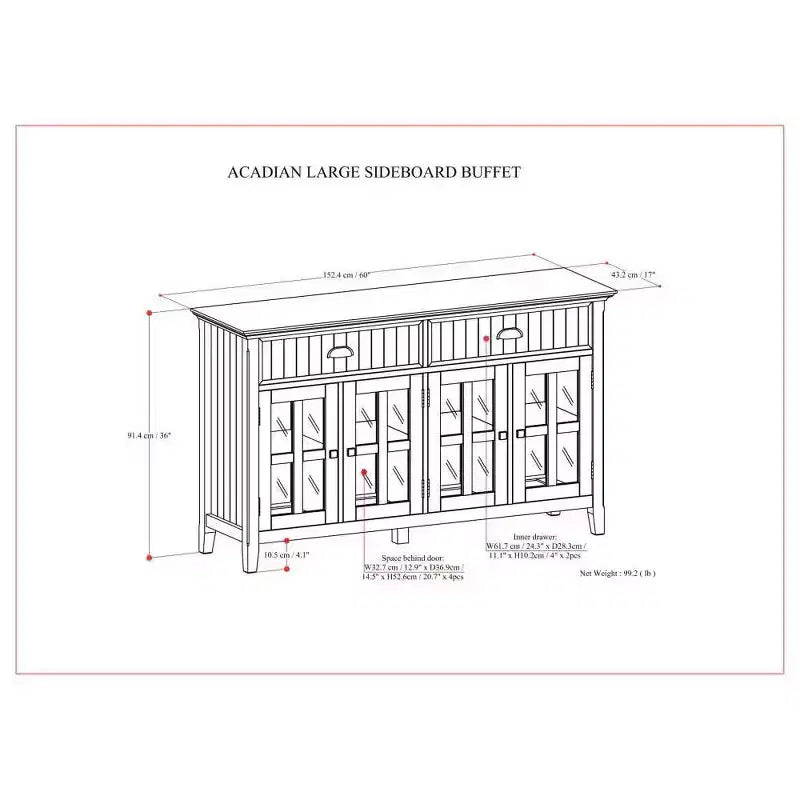 Madia Grande a 4 Ante e 2 Cassetti, in Legno Massello Marrone Brunette, 152 cm L x 91 cm A x 43 cm P