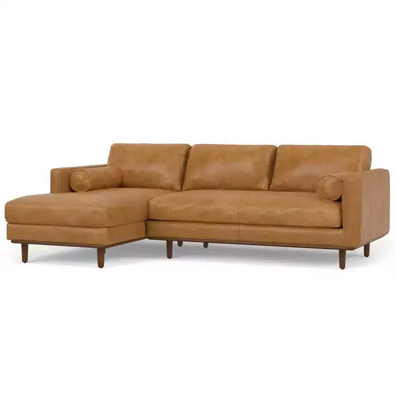 Divano sezionale sinistro in vera pelle color Siena, stile metà secolo, 4 posti, 259 L x 169 P x 86 A cm