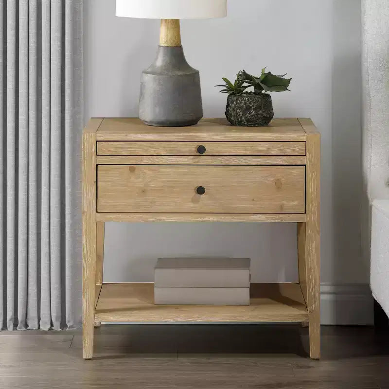 Comodino a 1 cassetto con vassoio estraibile e ripiano aperto, finitura naturale, 25"L x 16"P x 24"A