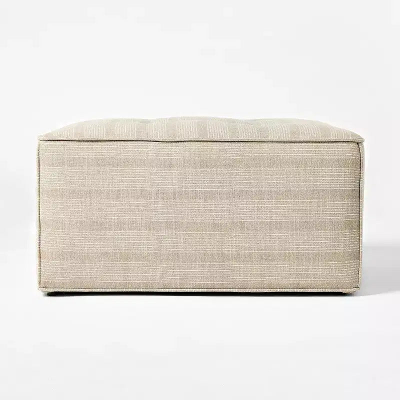 Pouf ottomano trapuntato, poliestere a righe color tortora, struttura in compensato, 34,5"L x 28,75"P x 18"H