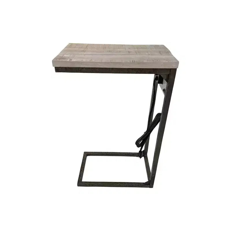 Tavolino laterale a C per laptop con 2 porte USB-A e presa di corrente, piano in legno di mango, struttura in ferro