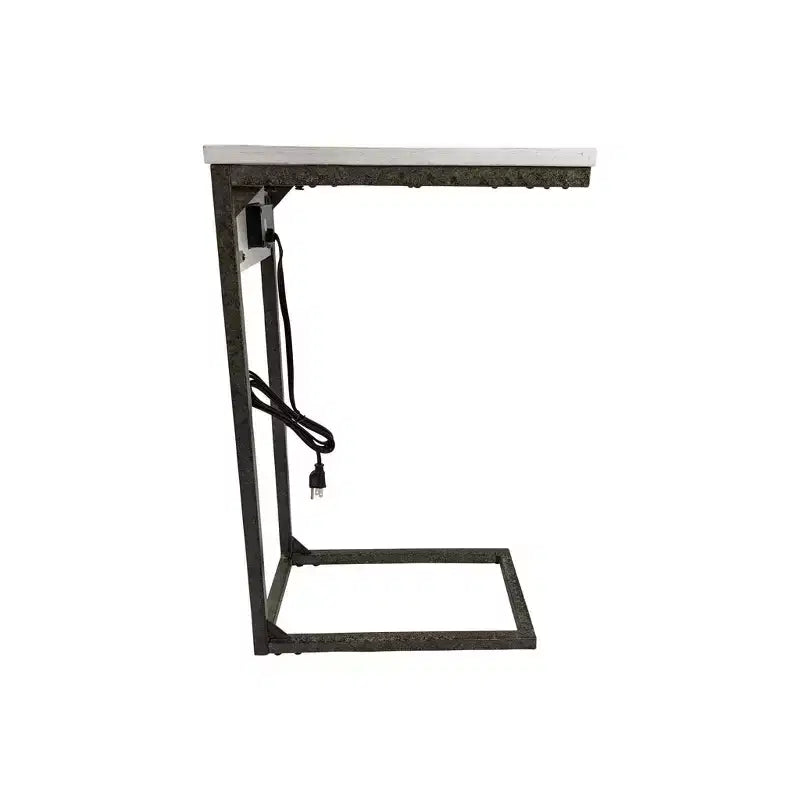 Tavolino laterale a C per laptop con 2 porte USB-A e presa di corrente, piano in legno di mango, struttura in ferro