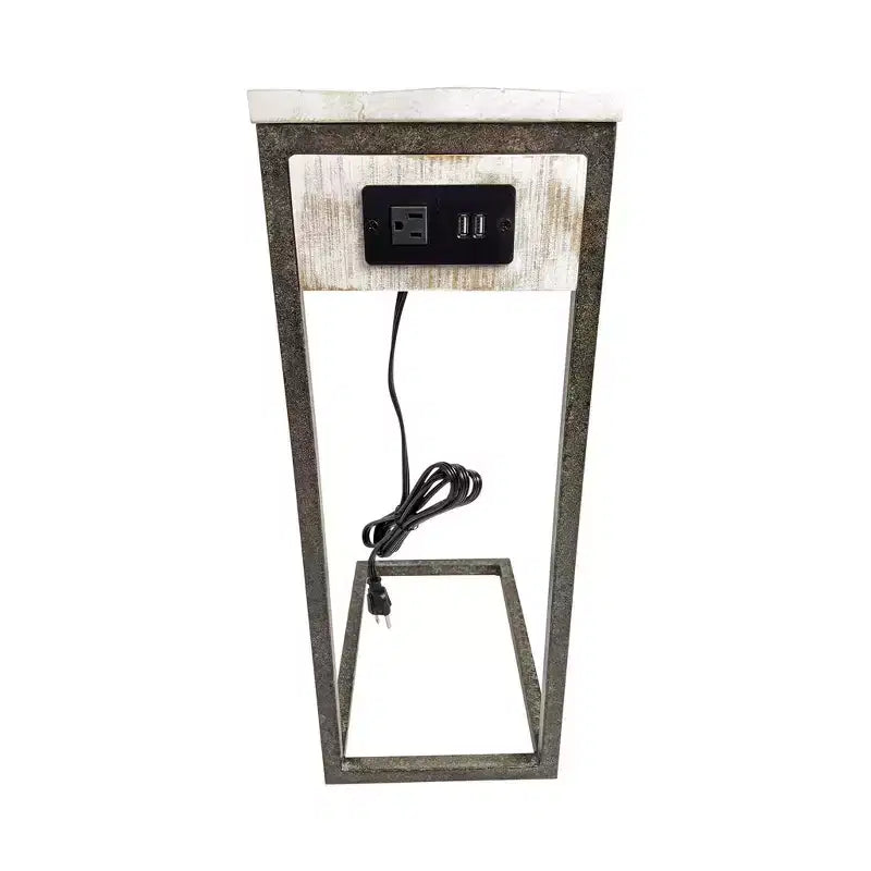Tavolino laterale a C per laptop con 2 porte USB-A e presa di corrente, piano in legno di mango, struttura in ferro