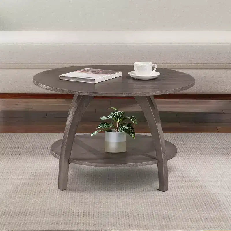 Tavolino rotondo da caffè con ripiano a 2 livelli, grigio scuro spazzolato, gambe in legno massello, 30"L x 18"A