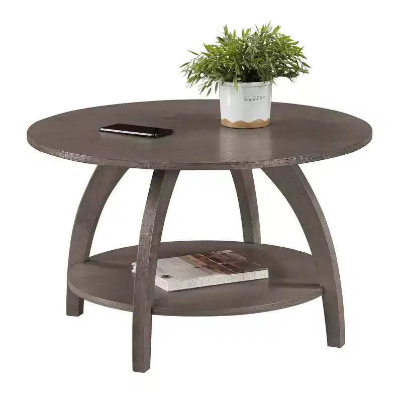 Tavolino rotondo da caffè con ripiano a 2 livelli, grigio scuro spazzolato, gambe in legno massello, 30"L x 18"A