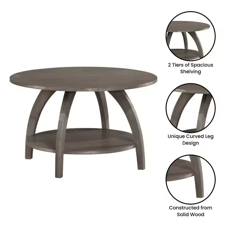 Tavolino rotondo da caffè con ripiano a 2 livelli, grigio scuro spazzolato, gambe in legno massello, 30"L x 18"A