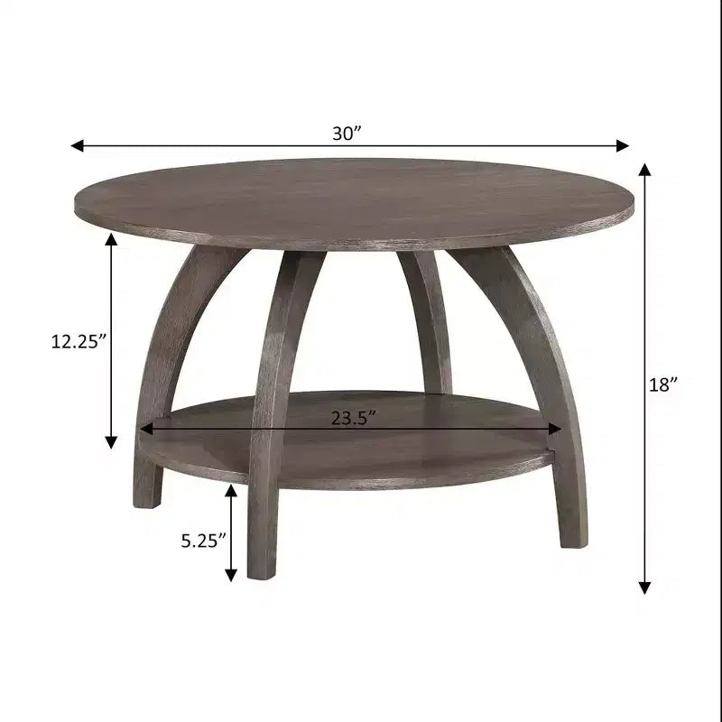 Tavolino rotondo da caffè con ripiano a 2 livelli, grigio scuro spazzolato, gambe in legno massello, 30"L x 18"A