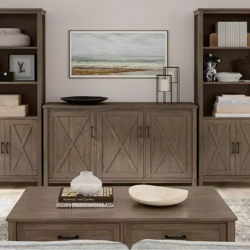 Armadio Contenitore Ampio a 3 Ante con Ripiani Regolabili in Legno Massello Marrone Fumé, 152 cm L x 86 cm H x 46 cm P