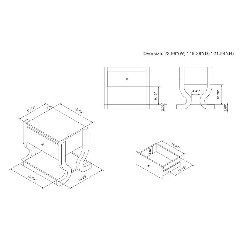 Tavolino con 1 Cassetto e Ripiano Aperto, Bianco Costiero, Base a Piedistallo, 22.99"L x 21.54"H