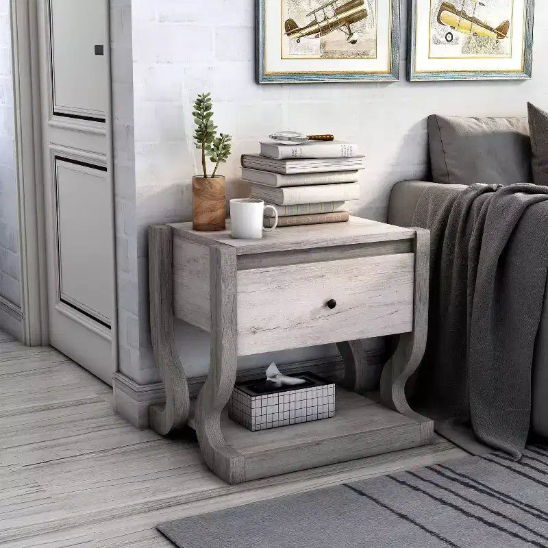 Tavolino con 1 Cassetto e Ripiano Aperto, Bianco Costiero, Base a Piedistallo, 22.99"L x 21.54"H