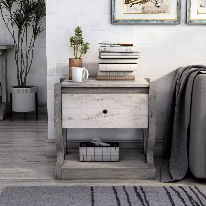Tavolino con 1 Cassetto e Ripiano Aperto, Bianco Costiero, Base a Piedistallo, 22.99"L x 21.54"H