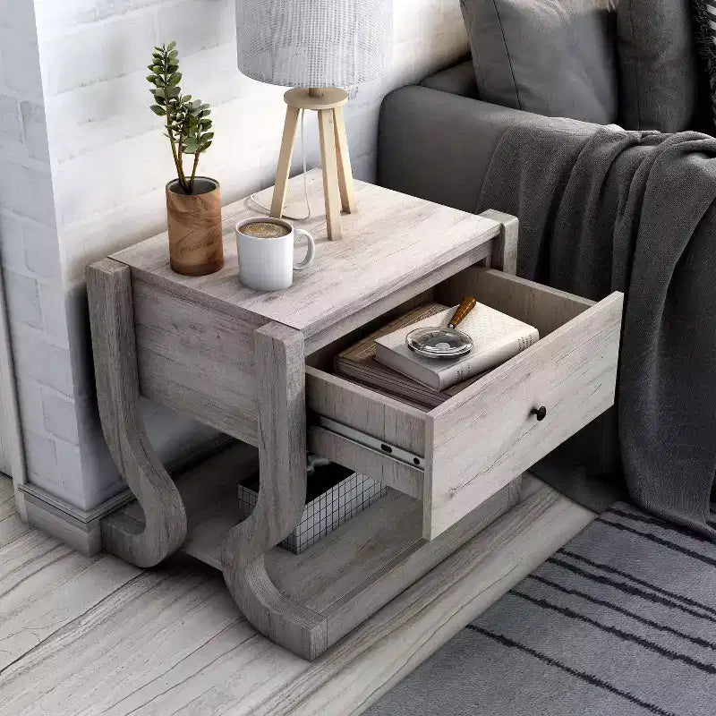 Tavolino con 1 Cassetto e Ripiano Aperto, Bianco Costiero, Base a Piedistallo, 22.99"L x 21.54"H