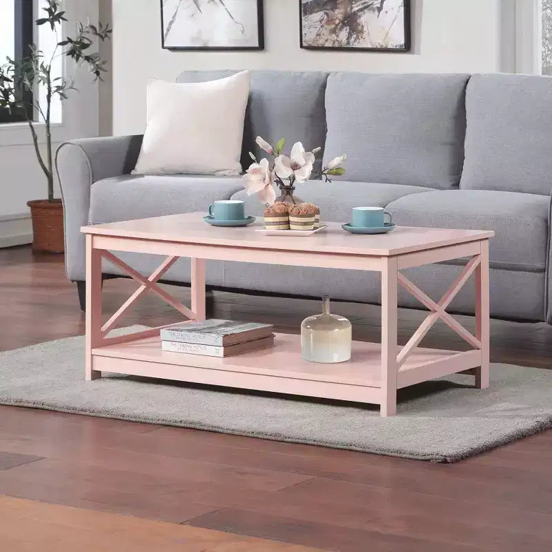 Tavolino da Salotto con Ripiano Inferiore, MDF Rosa Cipria, Stile Costiero, 99 cm L x 55 cm P x 45 cm H