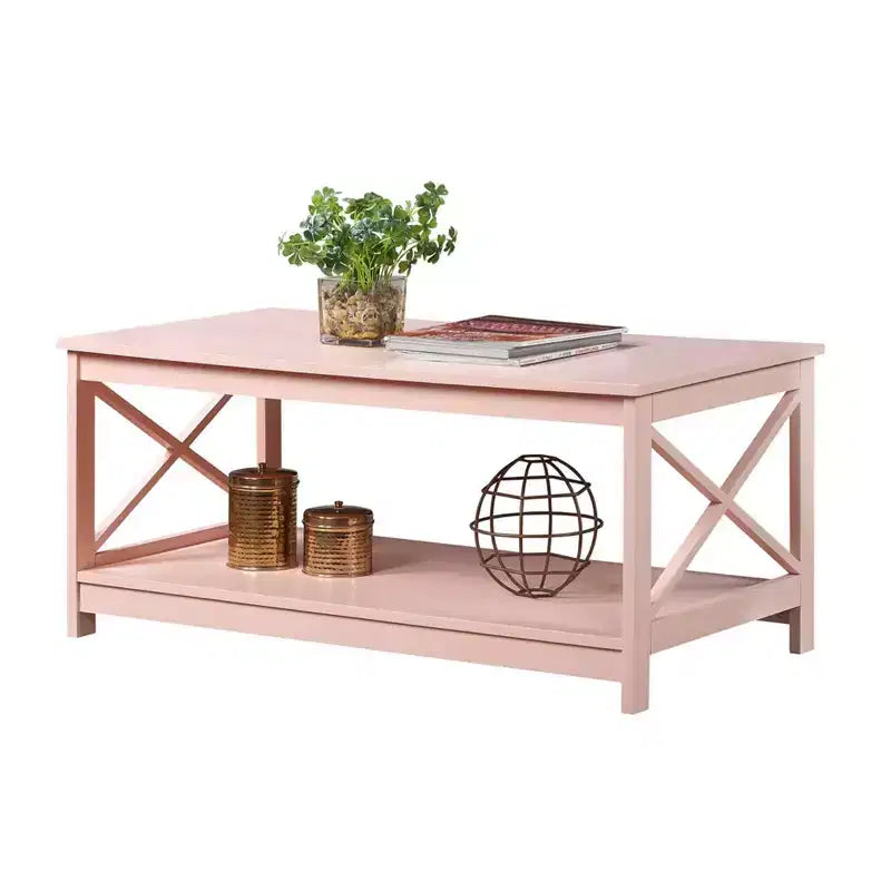 Tavolino da Salotto con Ripiano Inferiore, MDF Rosa Cipria, Stile Costiero, 99 cm L x 55 cm P x 45 cm H
