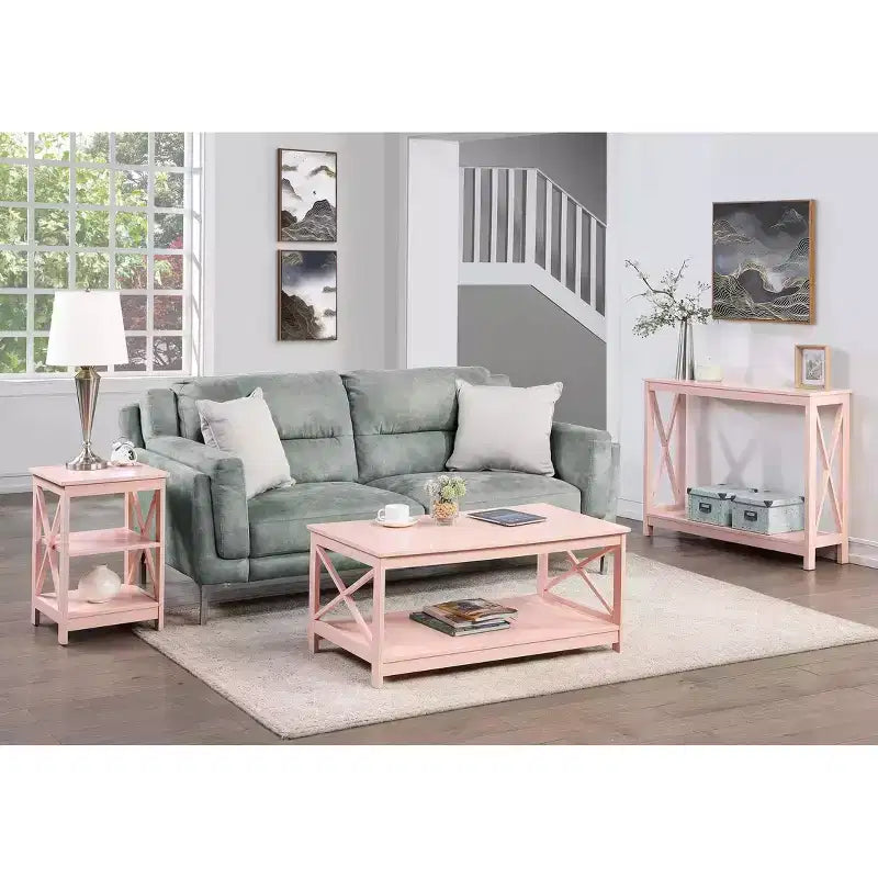 Tavolino da Salotto con Ripiano Inferiore, MDF Rosa Cipria, Stile Costiero, 99 cm L x 55 cm P x 45 cm H