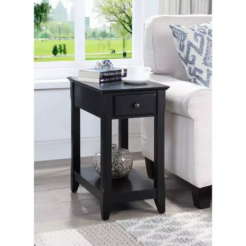Tavolino d'appoggio rettangolare con cassetto e ripiano aperto, finitura nera, 56 cm L x 33 cm P x 58,5 cm H