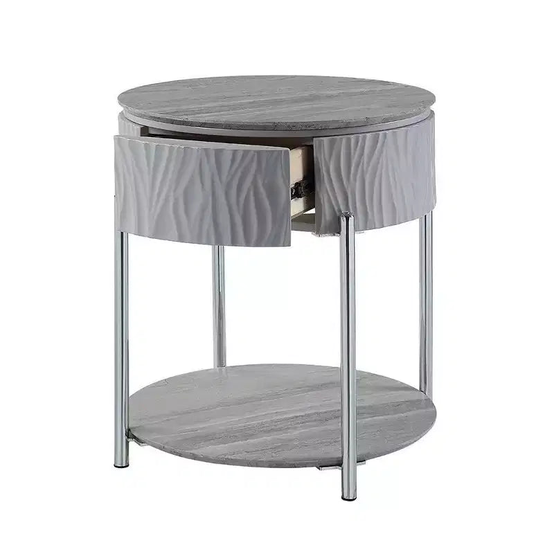 Tavolino rotondo d'appoggio grigio lucido con gambe cromate e vano contenitore, 22" L x 24" H