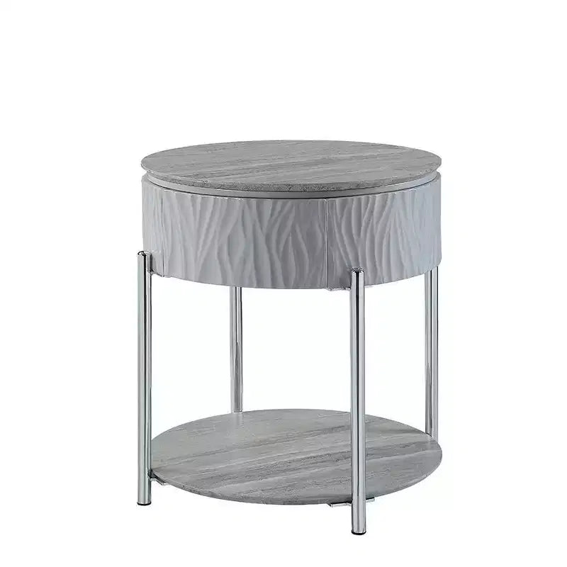 Tavolino rotondo d'appoggio grigio lucido con gambe cromate e vano contenitore, 22" L x 24" H
