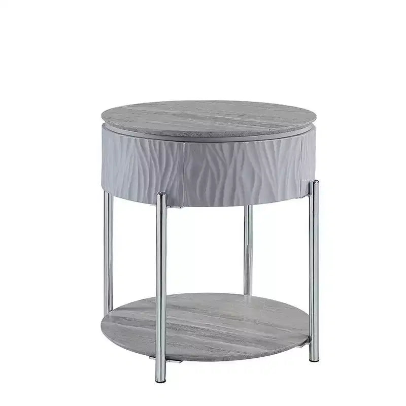 Tavolino rotondo d'appoggio grigio lucido con gambe cromate e vano contenitore, 22" L x 24" H