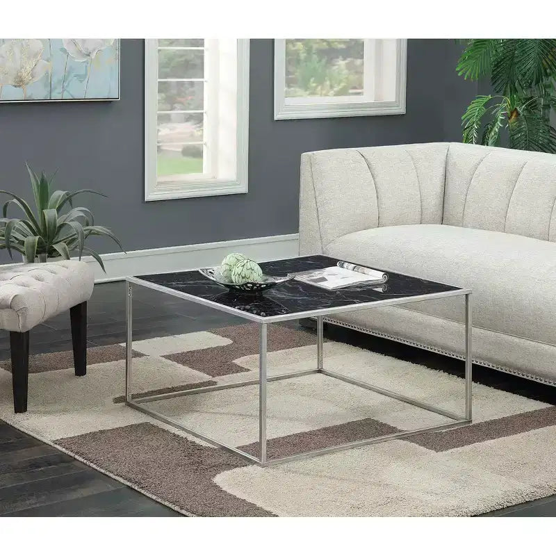 Tavolino da caffè quadrato con ripiano in finto marmo nero e struttura in metallo argentato, ripiano aperto, 83,8 cm L x 46,3 cm H