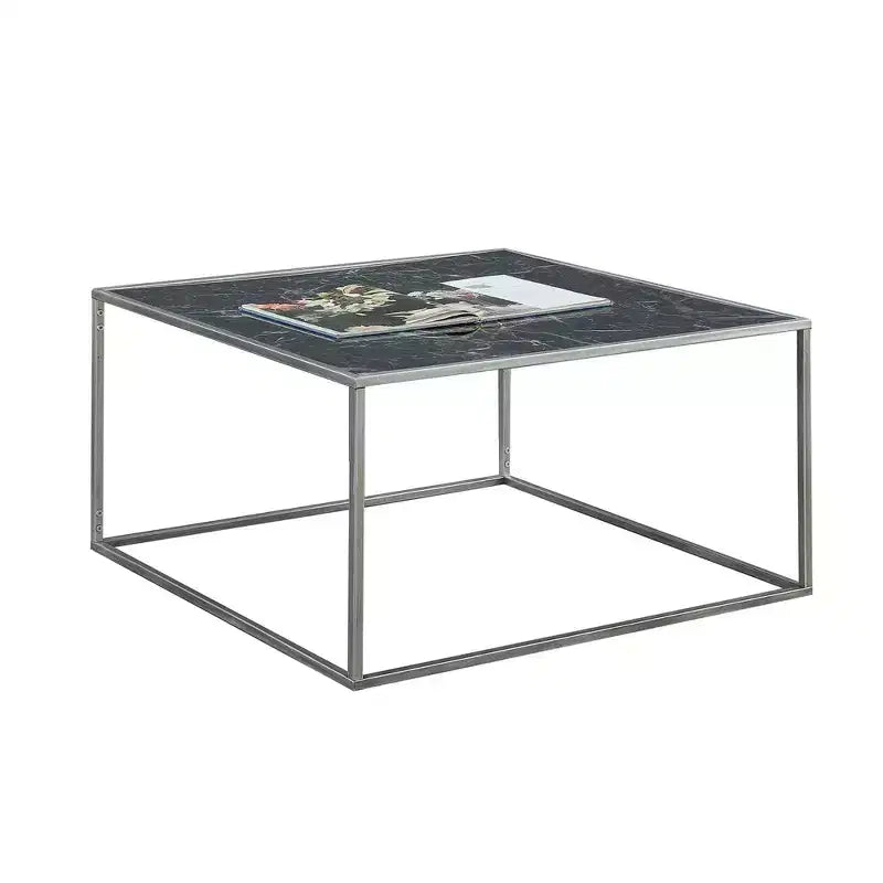 Tavolino da caffè quadrato con ripiano in finto marmo nero e struttura in metallo argentato, ripiano aperto, 83,8 cm L x 46,3 cm H