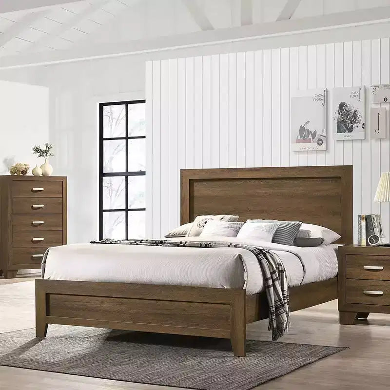Struttura Letto King Size con Piattaforma Finitura Rovere, Impiallacciatura in Legno con Supporto a Doghe, Nessuna Rete a Molle, 198 cm L x 213 cm P x 109 cm H