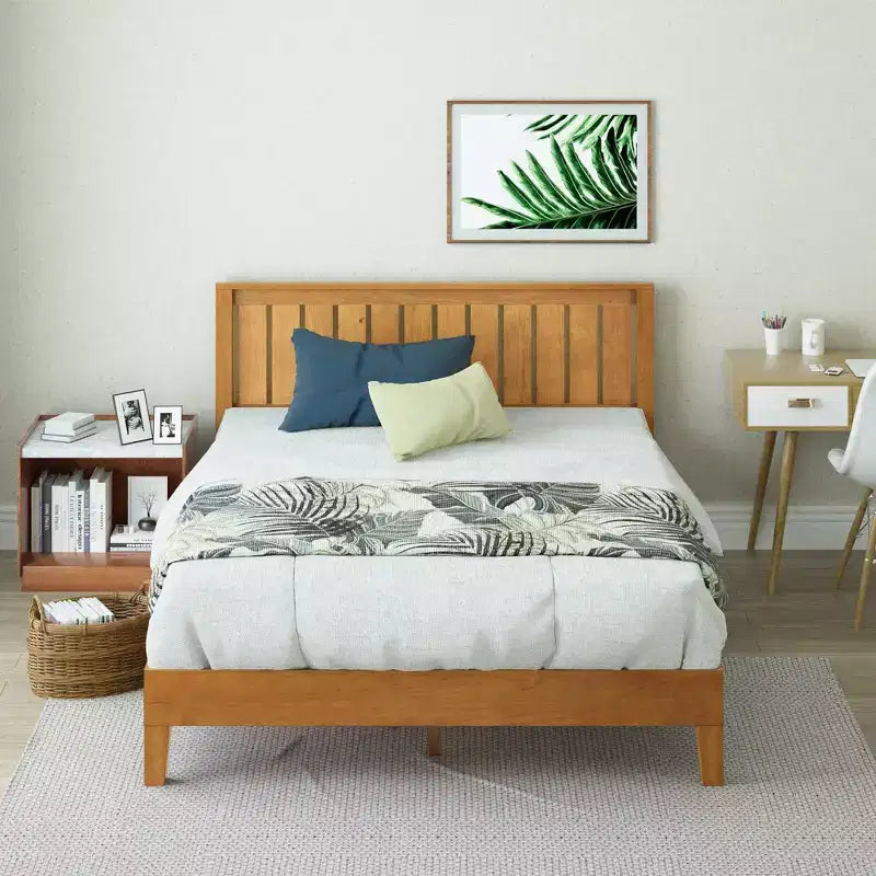 Struttura letto a piattaforma in legno matrimoniale con testiera, stile rustico, non richiede rete, 158 kg
