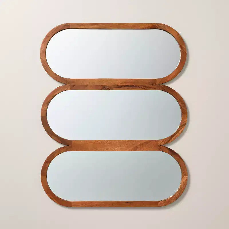 Specchio da Parete Triplo Ovale con Cornice in Legno, 81 cm L x 66 cm H, Montaggio Orizzontale o Verticale