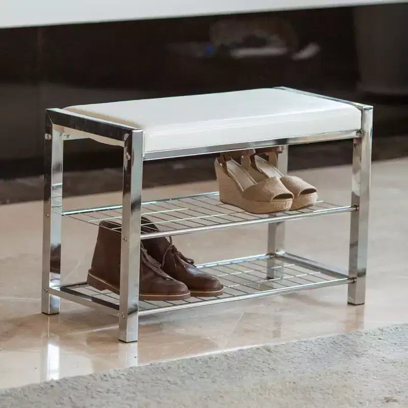 Panca scarpiera da ingresso in similpelle da 68,5 cm con 2 ripiani, telaio in metallo, capacità 8 paia, portata 113 kg