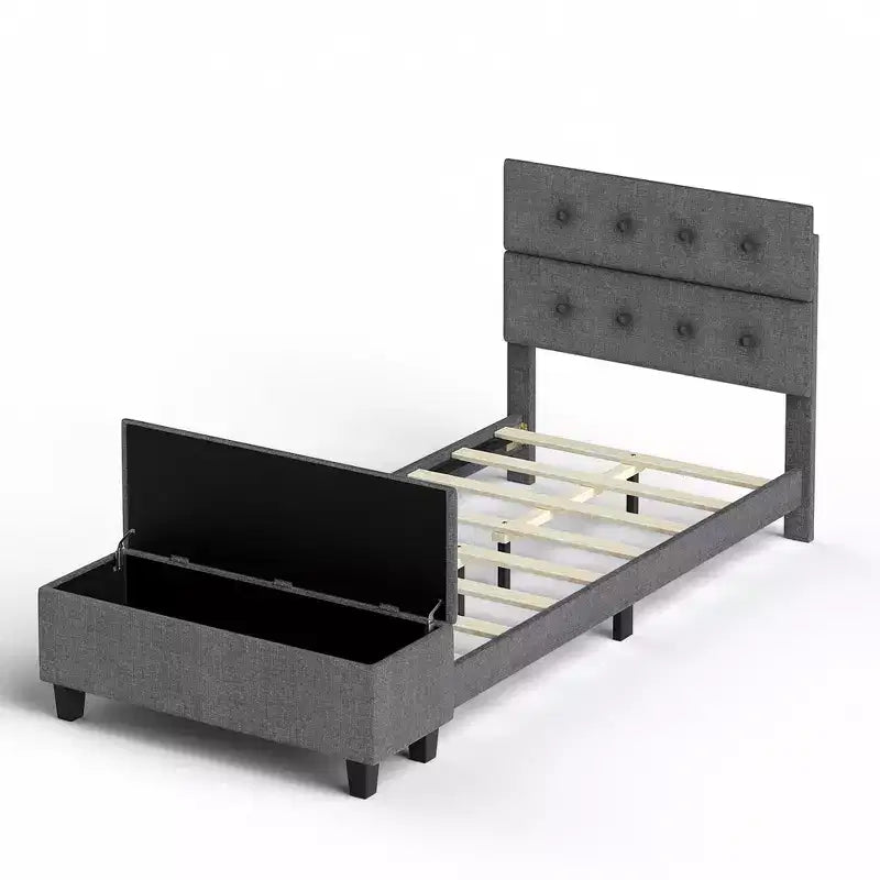 Letto a Piattaforma Completamente Imbottito con Contenitore e Testiera Trapuntata con Bottoni, Lino, 400 kg