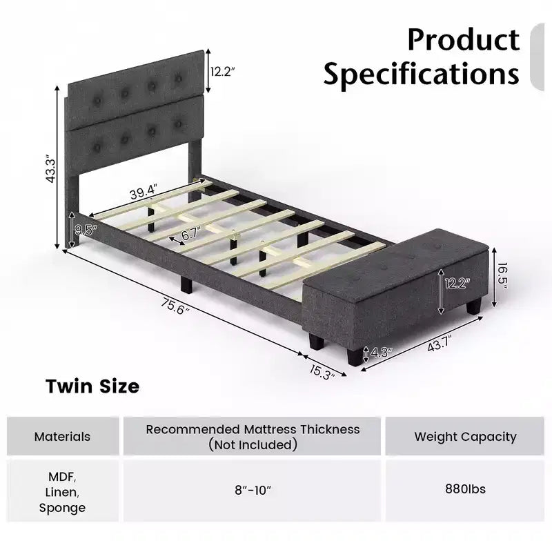 Letto a Piattaforma Completamente Imbottito con Contenitore e Testiera Trapuntata con Bottoni, Lino, 400 kg