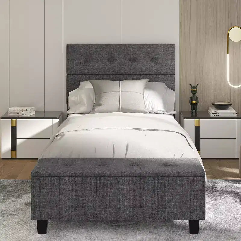 Letto a Piattaforma Completamente Imbottito con Contenitore e Testiera Trapuntata con Bottoni, Lino, 400 kg