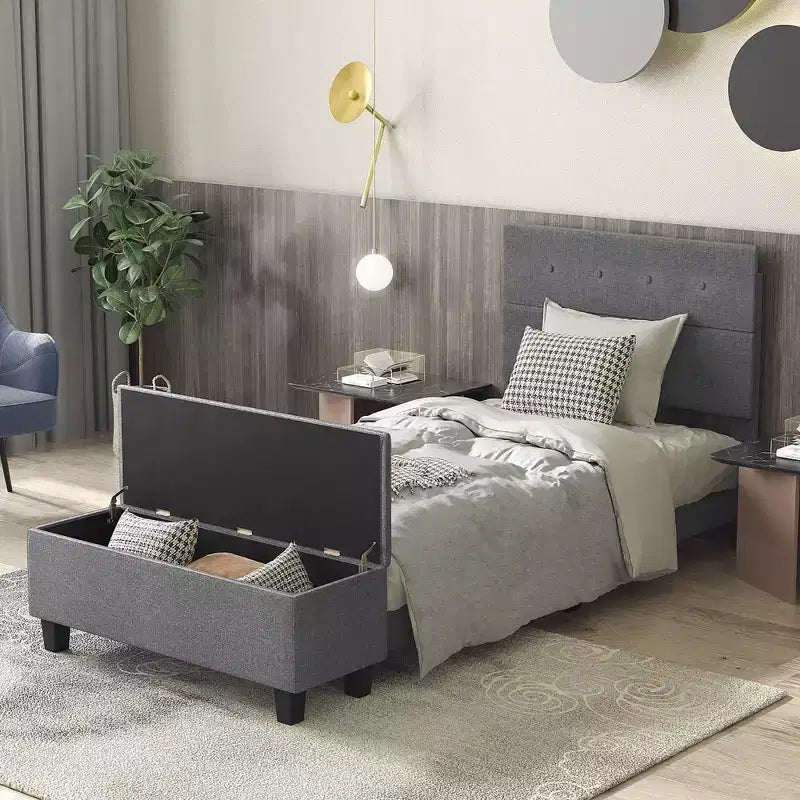 Letto a Piattaforma Completamente Imbottito con Contenitore e Testiera Trapuntata con Bottoni, Lino, 400 kg