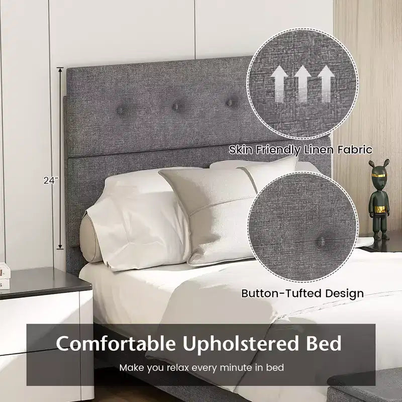 Letto a Piattaforma Completamente Imbottito con Contenitore e Testiera Trapuntata con Bottoni, Lino, 400 kg