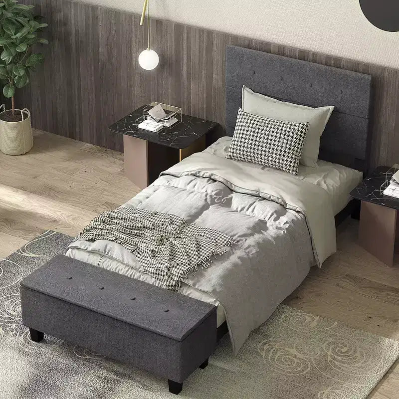 Letto a Piattaforma Completamente Imbottito con Contenitore e Testiera Trapuntata con Bottoni, Lino, 400 kg