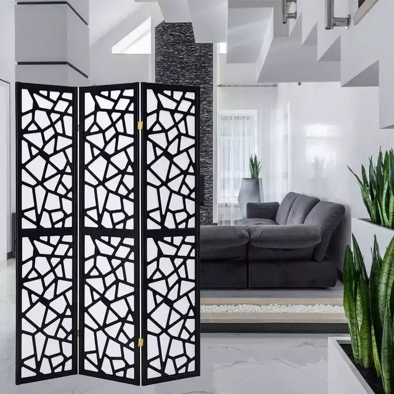 Divisorio a 4 pannelli con mosaico in legno, 180 cm di altezza, struttura in pino con inserto in carta di riso, completamente assemblato