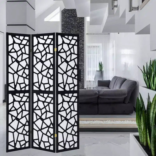 Divisorio a 4 pannelli con mosaico in legno, 180 cm di altezza, struttura in pino con inserto in carta di riso, completamente assemblato