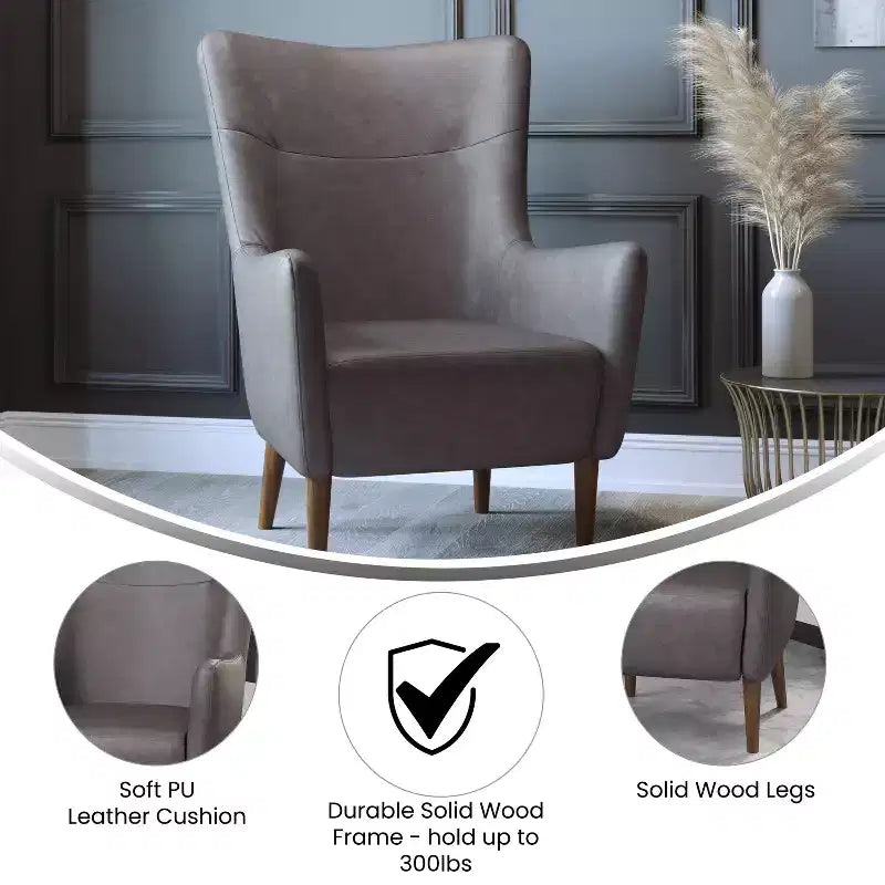 Poltrona classica Wingback, rivestimento in similpelle, struttura e gambe in legno, portata 136 kg