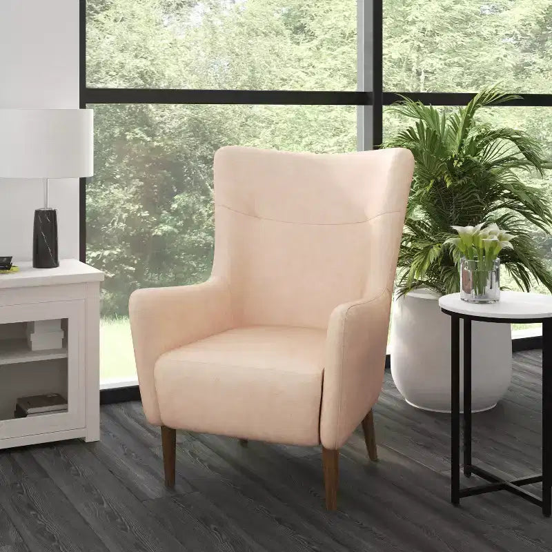 Poltrona classica Wingback, rivestimento in similpelle, struttura e gambe in legno, portata 136 kg