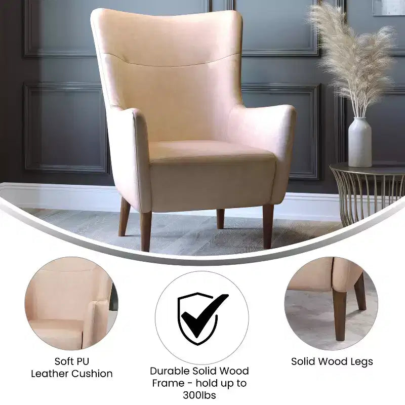 Poltrona classica Wingback, rivestimento in similpelle, struttura e gambe in legno, portata 136 kg