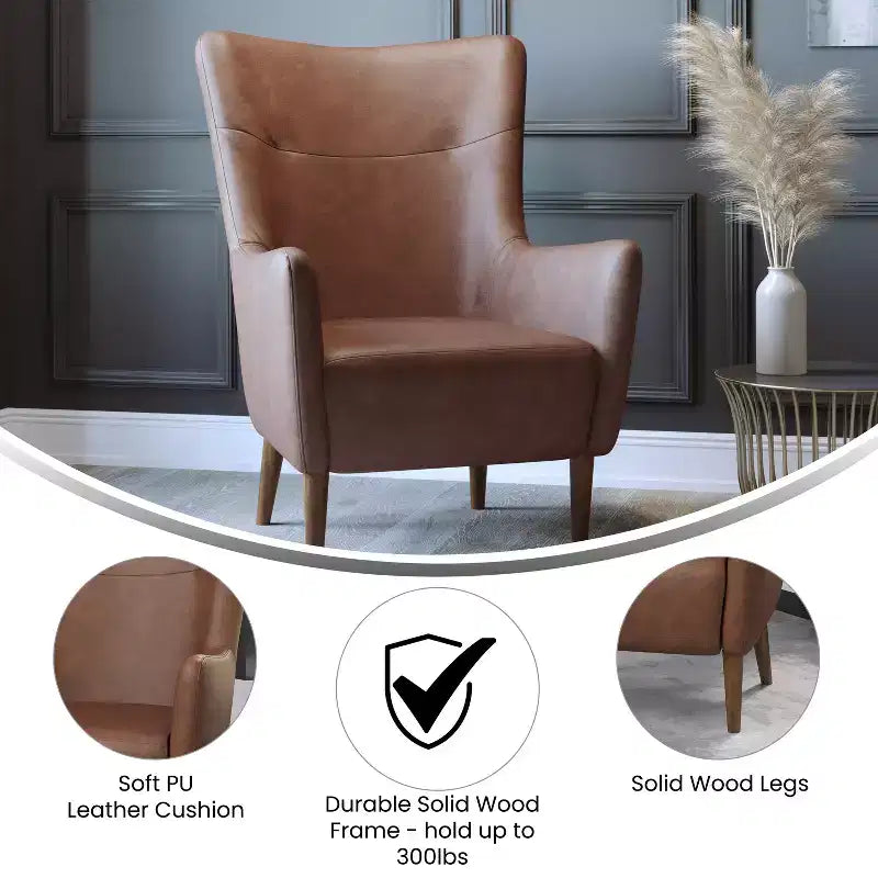Poltrona classica Wingback, rivestimento in similpelle, struttura e gambe in legno, portata 136 kg