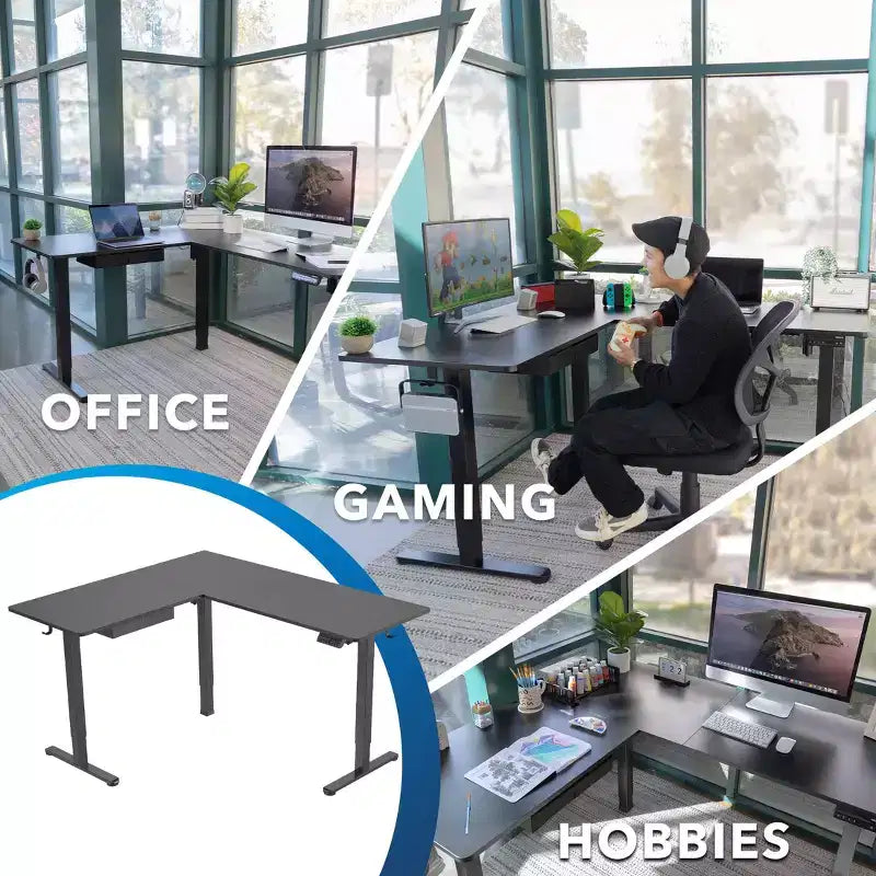 Grande scrivania angolare elettrica regolabile in altezza, da 72 cm a 118 cm, superficie in MDF con cassetto