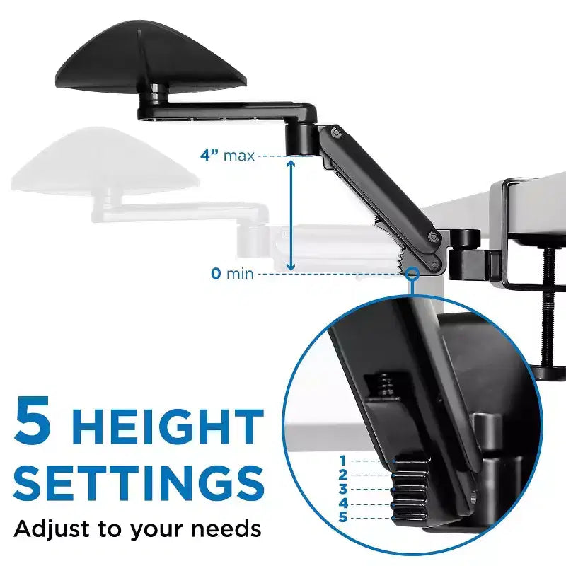 Bracciolo da scrivania ergonomico regolabile in altezza con morsetto in acciaio Full Motion, 14,6 cm L x 28,2 cm P